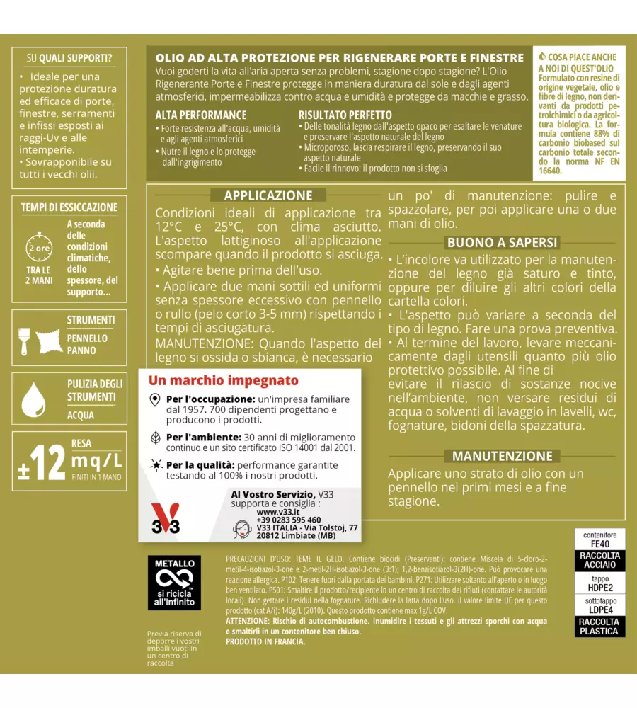 OLIO RIGENERANTE PER PORTE E FINESTRE V33 INCOLORE, 500 ML